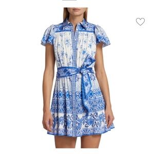 Alice + Olivia Blue and White Puff Sleeve Mini Dress